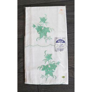 Vintage Green Applique Embroidered Pillowcases NOS Heritage Cottagecore